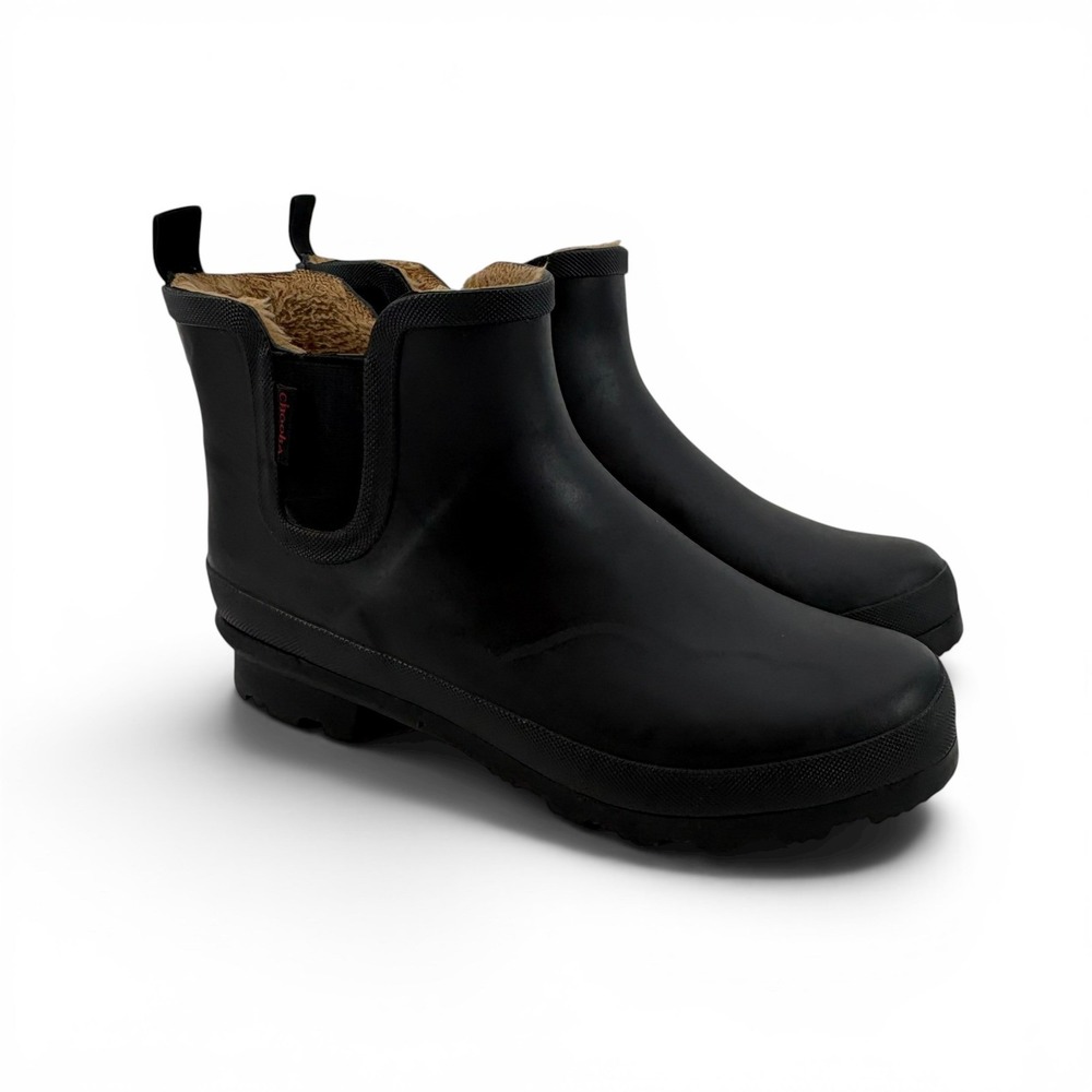 Chooka Plush Chelsea Black Waterproof Rain Boots Faux Fur Lined Women US 10